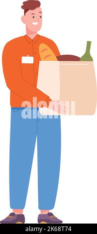 Homme tient le sac en papier avec les provisions. Achats de nourriture isolés sur fond blanc Illustration de Vecteur