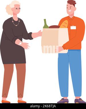 Le volontaire donne le pack alimentaire senior. Homme avec sac de papier d'épicerie isolé sur fond blanc Illustration de Vecteur