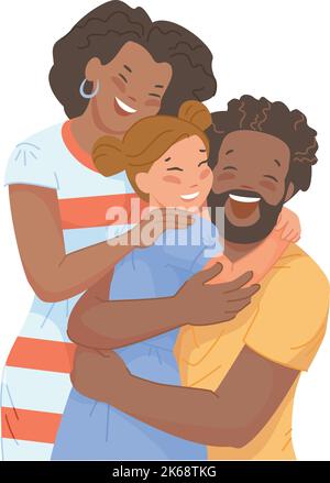 Parents noirs embrassant une fille caucasienne. Famille avec enfant adopté isolé sur fond blanc Illustration de Vecteur