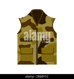 Militaire corps armure chasseur gilet vert camouflage plat. Uniforme cape protège le corps poches ammo compartiment sans manches militaire soldat uniforme sniper invisible cuirs bulletinproof icon gunsmith armée magazine Illustration de Vecteur