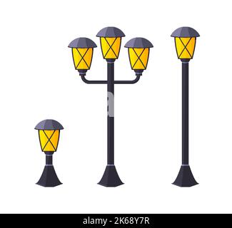 Ensemble de luminaires pour jardin urbain. Feu de rue avant à l'extérieur de l'intérieur de bâtiment technique de cour rue. Moderne classique de style gothique conception de différentes tailles électricité de route isolée Illustration de Vecteur