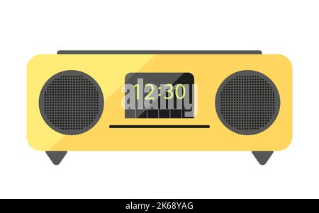 Radio fm boombox horloge rétro jaune vintage plat. Lecteur de musique gadget haut-parleur moderne gadget ancien style réveil affichage legged bande enregistrer accessoire disco partie faveur vacances cadeau détente écouter l'audio Illustration de Vecteur