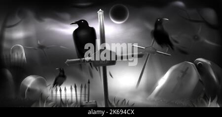 Cimetière de nuit effrayant, ancien cimetière avec corbeau noir sur pierre tombale dans le brouillard ou la brume. Halloween réaliste fond vectoriel avec lune dans ciel nuageux, silhouettes d'arbres séchés et de vieilles croix Illustration de Vecteur