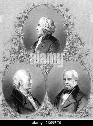 L'amélioration de la reproduction numérique, otto armand linne, né 1869, est mort en 1937 à Hambourg, un jardin et paysagiste, Antoine-laurent de Jussieu, né en 1748, décédé en 1836, botaniste français, Robert Brown, né en 1773, décédé en 1858, médecin écossais et un botaniste, woodprint original du 19ème siècle e Banque D'Images