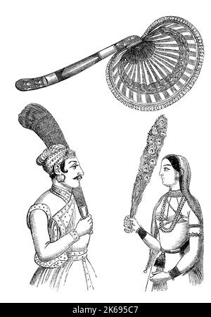 L'amélioration de la reproduction numérique de l'Inde, ventilateur, ventilateur à main d'origine, woodprint de th 19e siècle Banque D'Images