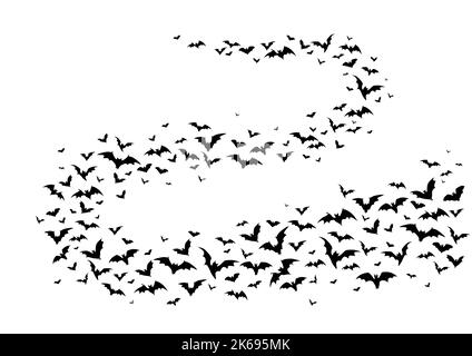 Volant les chauves-souris d'halloween, les animaux de vampire vecteur isolés flock courbe vague voler sur fond blanc. Essaim ailé de chauves-souris créepy silhouettes noires, faune effrayante créatures groupe flux élément graphique de conception Illustration de Vecteur