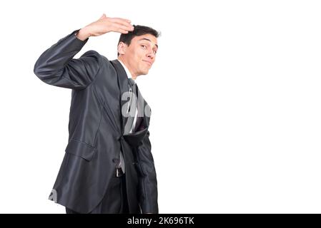 Souriant beau homme attrayant démontrant suivre moi geste Banque D'Images