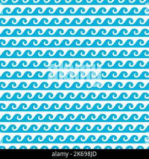 Bleu océan et vagues de l'océan à motif sans couture. Fond décoratif de carreaux à répétition vectoriel de style bleu marine. Décoration nautique simple avec vagues d'eau bouclés. Décor marin abstrait Illustration de Vecteur
