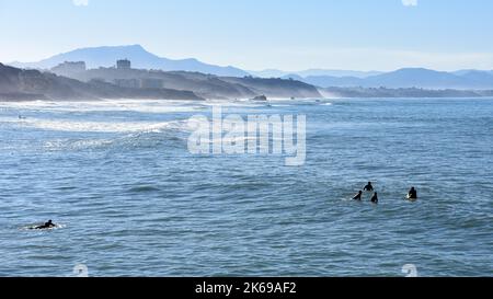 Biarritz, France - 15 janvier 2022 : surfeurs sur la plage de la Côte des Basques Banque D'Images