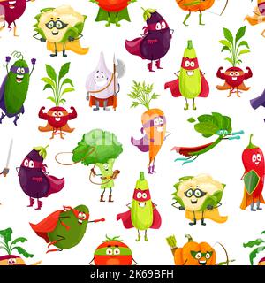 Dessin sans couture du super-héros de cartoon Vegetables. Fond vectoriel avec chou-fleur, aubergine, courge et concombre, radis, ail, brocoli, tomate et épinards. Citrouille, carotte, poivron rouge et avocat Illustration de Vecteur