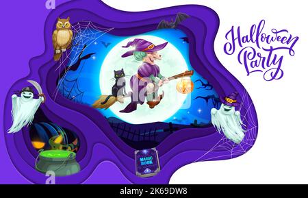 Halloween papier coupé sorcière et caractères fantômes. Vector 3D art avec cadre superposé, sorcière drôle et chat noir volant sur le vieux cimetière avec des arbres et des tombes sous pleine lune, livre de charme, hibou et chou-fleur Illustration de Vecteur