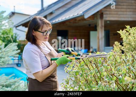 Une jardinière femelle taille une haie dans la cour Banque D'Images