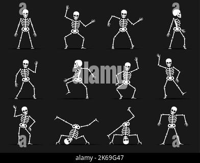 Skeleton danse jeu d'animation sprite. Ensemble vectoriel de personnages monstre drôle d'halloween dans différentes poses. De jolis squelettes créeppés, des personnages morts dansant, s'accroupir et jouant à la séquence d'animation Illustration de Vecteur