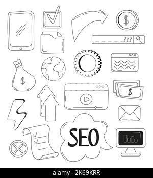 Icônes SEO dans le style doodle. Illustration du vecteur de signe dessiné à la main. Optimisation du site Web, de l'information, de l'équipement, du cloud rlrmrnts. Illustration de Vecteur