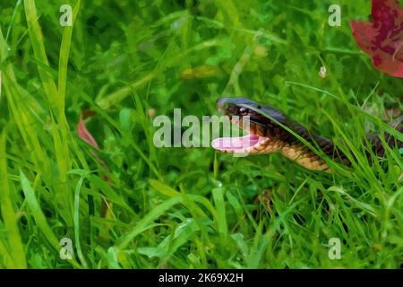 Peinture à l'aquarelle créée numériquement d'un serpent d'eau à ventre plat avec une large bouche ouverte Banque D'Images