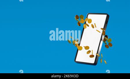 Smartphone avec pièces d'or entourées, concept de gestion et d'administration en ligne affaires avec téléphone mobile. 3D rendu. Banque D'Images