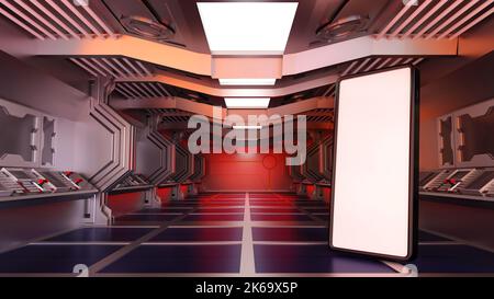 Smartphone dans le vaisseau spatial ou l'intérieur de station spatiale, Sci Fi tunnel, marché en ligne Internet de banque concept, 3D rendu. Banque D'Images