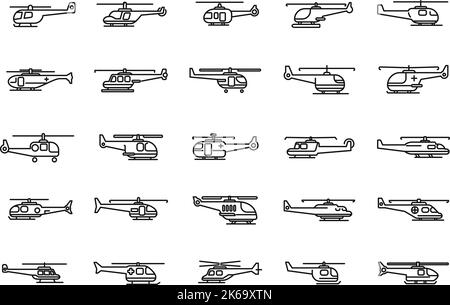 Les icônes d'hélicoptère de secours définissent le vecteur de contour. Moteur pneumatique. Force rapide Illustration de Vecteur