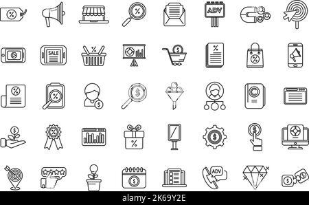 Marketing mix icônes définir le vecteur de contour. Consommateur du marché. Répartition de la demande Illustration de Vecteur