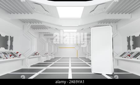 Smartphone dans le vaisseau spatial ou l'intérieur de station spatiale, Sci Fi tunnel, marché en ligne Internet de banque concept, 3D rendu. Banque D'Images