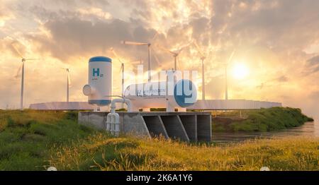 Hydrogène réservoir de gaz production d'énergie renouvelable - gazoduc de gaz hydrogène pour l'électricité propre installation solaire et éolienne Banque D'Images