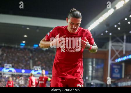 Glasgow, Royaume-Uni. 12th octobre 2022. Dans le deuxième match des étapes de groupe de la Ligue des Champions, entre ces deux équipes Rangers FC jouent Liverpool FC à Ibrox, stade de base des Rangers à Glasgow. Le premier match entre ces deux équipes de la Ligue des Champions, Liverpool, a gagné 2 - 0. Crédit : Findlay/Alay Live News Banque D'Images