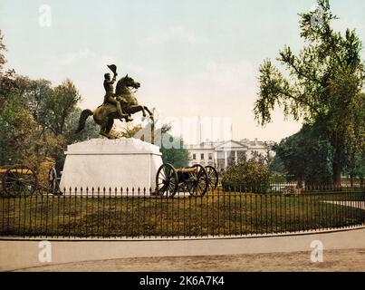 Imprimé photo-chrome du monument Andrew Jackson en face de la Maison Blanche. Banque D'Images