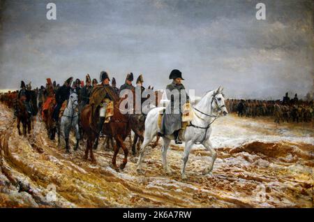 19th peinture de Napoléon Bonaparte revenant de Soissons après la bataille de Laon. Banque D'Images