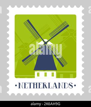Pays-Bas marque postale ou carte postale avec moulin Illustration de Vecteur
