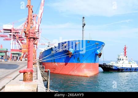 QINGDAO, CHINE - le 12 OCTOBRE 2022 - un bateau à pois importé est assisté par un remorqueur au terminal des grains du port de Dongjiakou à Qingdao, port de Shandong, Banque D'Images