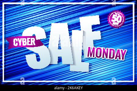 Bannière promotionnelle Cyber monday sur fond rayé. Bannière de solde bleue pour le Cyber Monday. Illustration vectorielle. Illustration de Vecteur