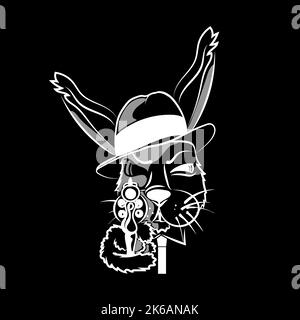 Un mauvais lapin, dessiné à la main dans le style Doodle. Bandit Hare. La tête de lièvre dans un chapeau. Mafia. Pistolet. Museau du canon. Cible. Symbole de l'année. Illustration vectorielle Illustration de Vecteur