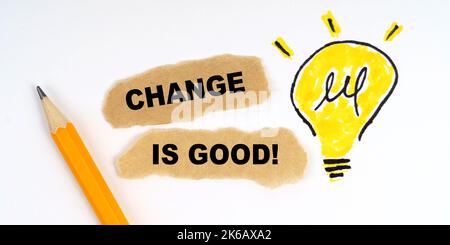 Concept commercial et financier. Une lampe est dessinée sur une feuille blanche, il y a un crayon et des morceaux de papier sur lesquels elle est écrite - le changement est bon Banque D'Images