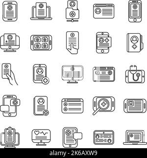 Les icônes de la carte patient électronique définissent le vecteur de contour. Soins médicaux. Affichage numérique Illustration de Vecteur