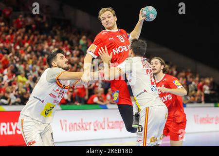 Copenhague, Danemark. 12th octobre 2022. Mathias Gidsel (19) du Danemark vu lors du match de handball de la coupe Euro de l'EHF entre le Danemark et l'Espagne à la Royal Arena de Copenhague. (Crédit photo : Gonzales photo/Alamy Live News Banque D'Images