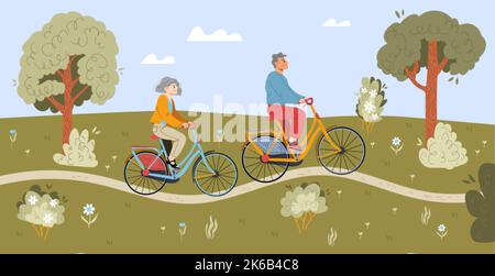 Personnes âgées à vélo dans le parc d'été. Couple de personnes âgées gaies vie active. Homme et femme âgés retraités de vélo, vieux caractères sport, un Illustration de Vecteur