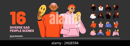 Un ensemble de personnes tristes diverses couvre des visages avec des masques souriants exprimant des émotions positives et heureuses. Personnages qui cachent l'individualité, la proble psychologique Illustration de Vecteur