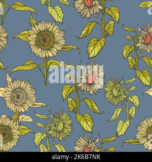 Tournesols dessinés à la main sur fond bleu. Fleurs naturalistes jaune-orange dans un motif fleuri sans couture. Imprimé été pour un motif unique. Illustration de Vecteur