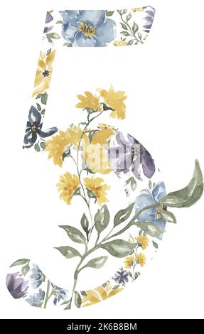 Fleurs sauvages Numéro cinq Blossom Alphabet Design. Aquarelle florale numéro 5 isolée sur fond blanc. Banque D'Images