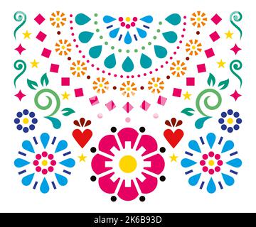 Motif vectoriel de style mexicain rétro avec coeurs, fleurs et demi-mandala géométrique, art folklorique vibrant - parfait pour une carte de vœux ou un invité de mariage Illustration de Vecteur