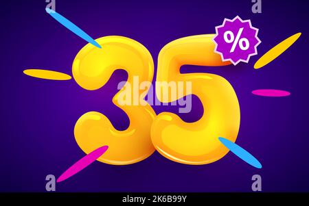 35 % de réduction. Remise sur la composition créative. 3d symbole de vente avec objets décoratifs. Bannière et affiche de vente. Illustration vectorielle. Illustration de Vecteur