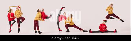 Image composite avec jeunes et gracieux couple de danseurs de ballet dans des vêtements chauds d'hiver dansant sur fond gris. Noël, nouvel an, vacances Banque D'Images