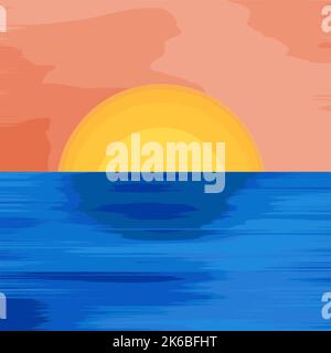 Résumé Paysage Art Illustration Horizon Sky Ocean Sun Sunset Vector - couleurs bleu et orange Illustration de Vecteur