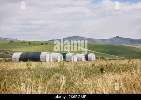 Tout est calme sur la ferme aujourd'hui. Le poulet coops sur une ferme le long de la montagne. Banque D'Images