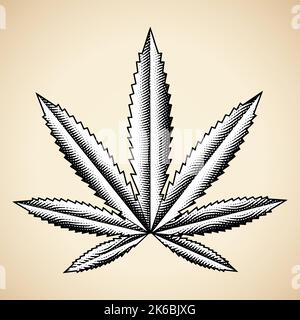 Illustration de la feuille de cannabis gravée sur un fond beige Illustration de Vecteur