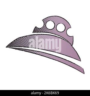 Illustration de la planche à ferraille icône gravée d'un navire alien avec remplissage violet isolé sur un fond blanc Illustration de Vecteur