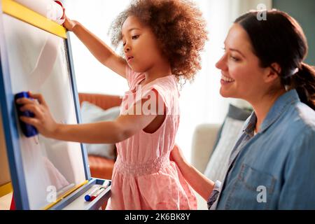 Mère et fille ayant une image de dessin amusante sur tableau blanc à la maison ensemble Banque D'Images