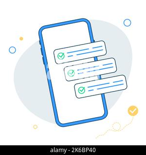 Liste de contrôle. Smartphone avec des coches vertes. Coches, coches sur l'écran du téléphone portable. Enquête, liste de contrôle, complète, formulaire de demande, questionnaire Illustration de Vecteur