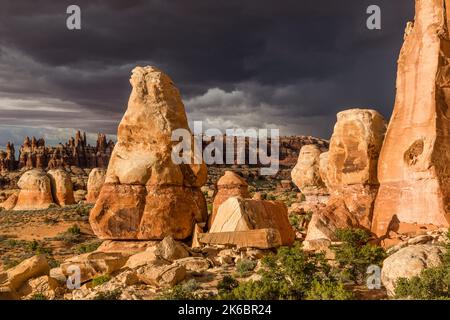 Tempête de nuages au-dessus des aiguilles, des flèches de grès de Cedar Mesa dans le quartier des aiguilles du parc national de Canyonlands, Utah. Les blocs cassés à l'avant A. Banque D'Images