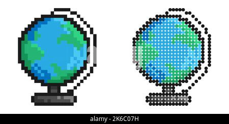 Icône pixel. Planète Terre modèle globe pour l'entraînement. Étudier la géographie à l'école. Vecteur de jeu rétro simple isolé sur fond blanc Illustration de Vecteur
